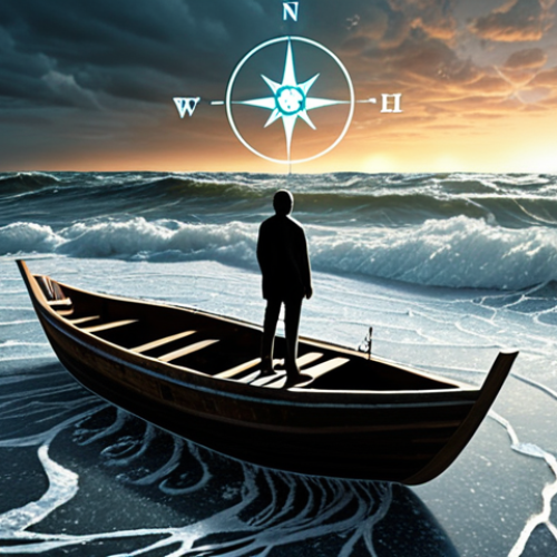 Home 7 **Prompt:** A lone figure, representing a modern philosopher, standing atop a small, fragile boat on a turbulent ocean. The waves are made of chaotic digital information – fragmented news headlines, social media feeds, and "post-truth" symbols – creating a sense of information overload. The figure holds a glowing, ethereal compass, seeking clarity amidst the overwhelming data. The sky above subtly depicts swirling cognitive biases, with a faint light of critical thinking breaking through the digital haze. Emphasize the intellectual struggle and the quest for truth in a complex, digital world.
