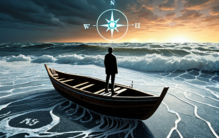 **Prompt:** A lone figure, representing a modern philosopher, standing atop a small, fragile boat on a turbulent ocean. The waves are made of chaotic digital information – fragmented news headlines, social media feeds, and "post-truth" symbols – creating a sense of information overload. The figure holds a glowing, ethereal compass, seeking clarity amidst the overwhelming data. The sky above subtly depicts swirling cognitive biases, with a faint light of critical thinking breaking through the digital haze. Emphasize the intellectual struggle and the quest for truth in a complex, digital world.