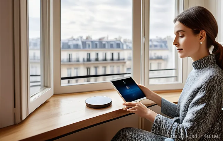 사전 항목 구조 - **"Smart Home Comfort in a Parisian Apartment"**
A chic French woman in her late 30s sits comfor...