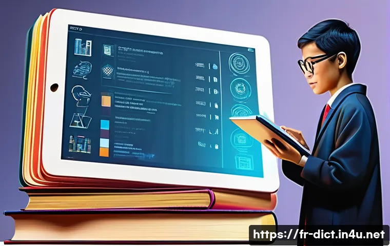 사전용어 번역기 - **Prompt:** A vibrant, dynamic illustration depicting the evolution of language tools. On the left s...