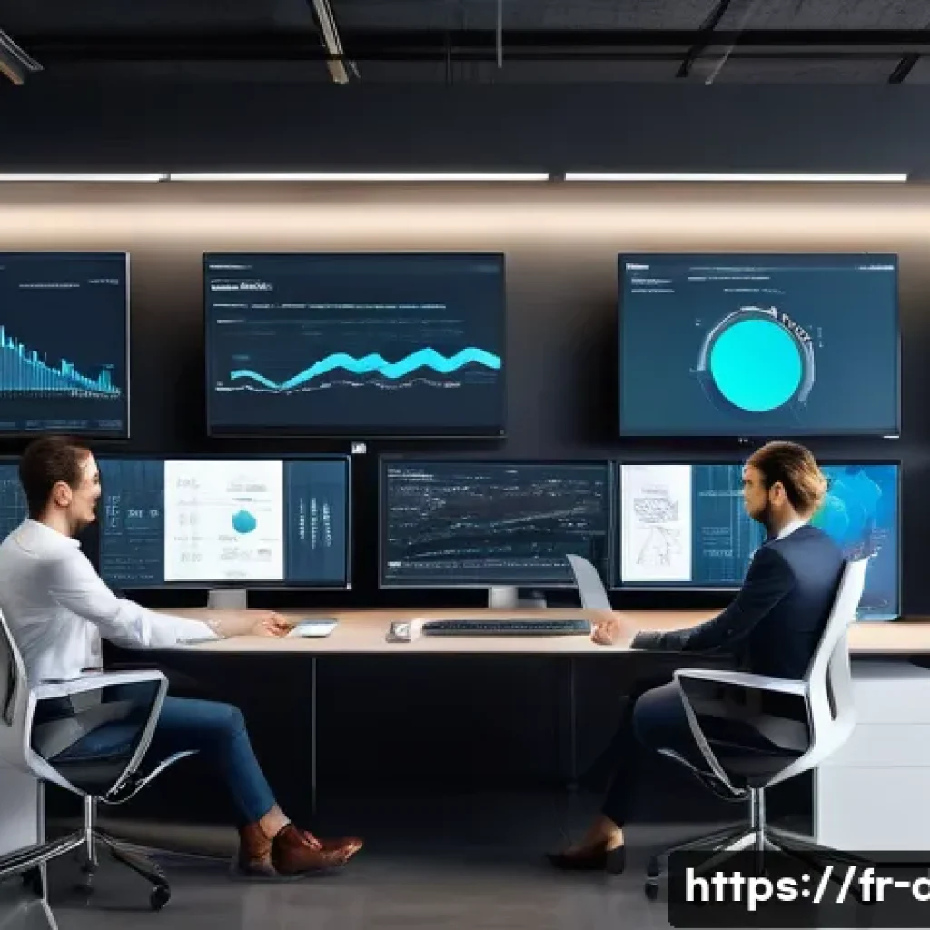 단어 검색 시스템 - A modern digital workspace featuring a diverse group of professionals collaborating around multiple ...