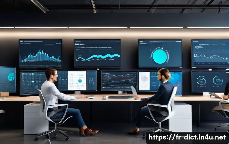 단어 검색 시스템 - A modern digital workspace featuring a diverse group of professionals collaborating around multiple ...