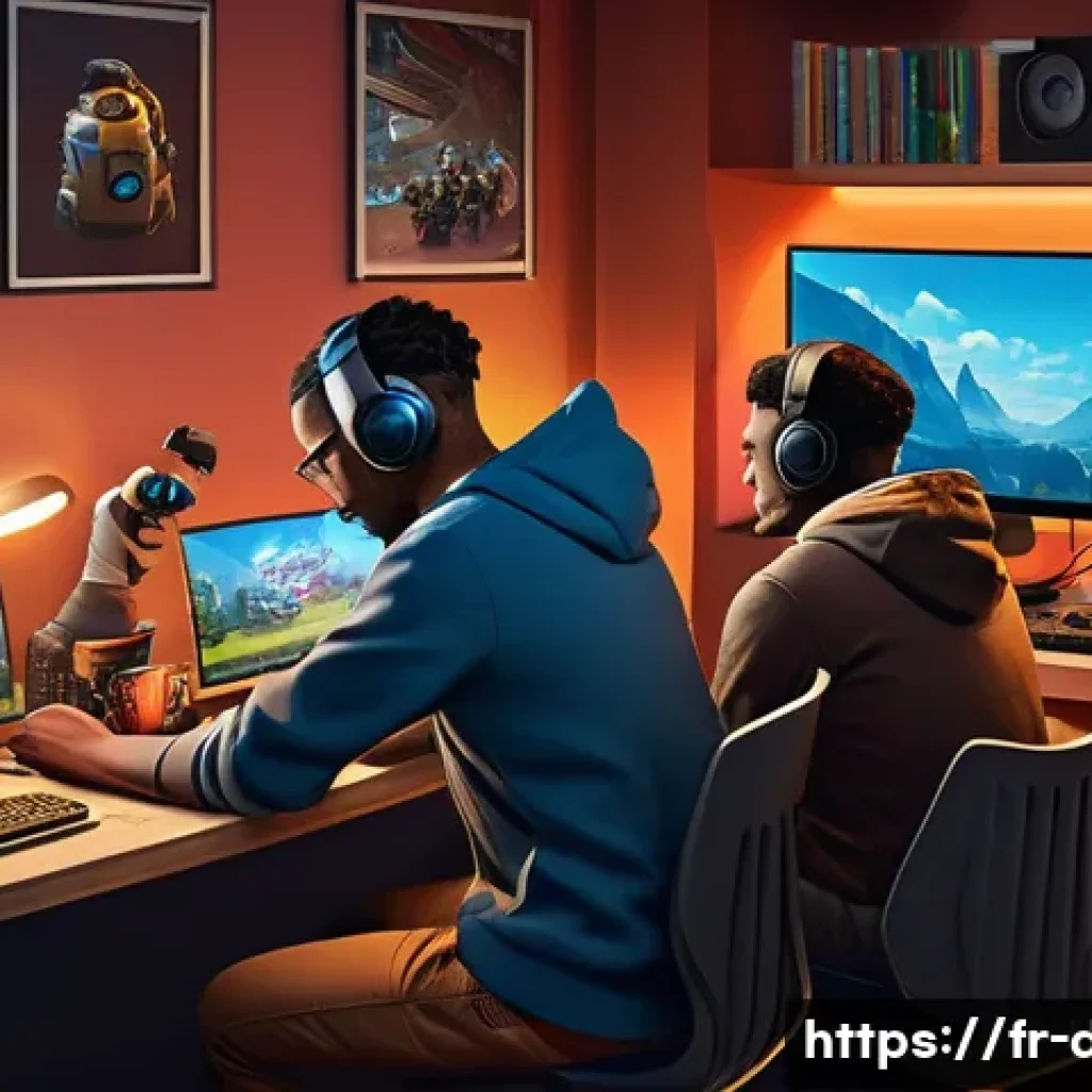 게임 용어집 - A vibrant digital art scene depicting a diverse group of gamers gathered around multiple screens in ...