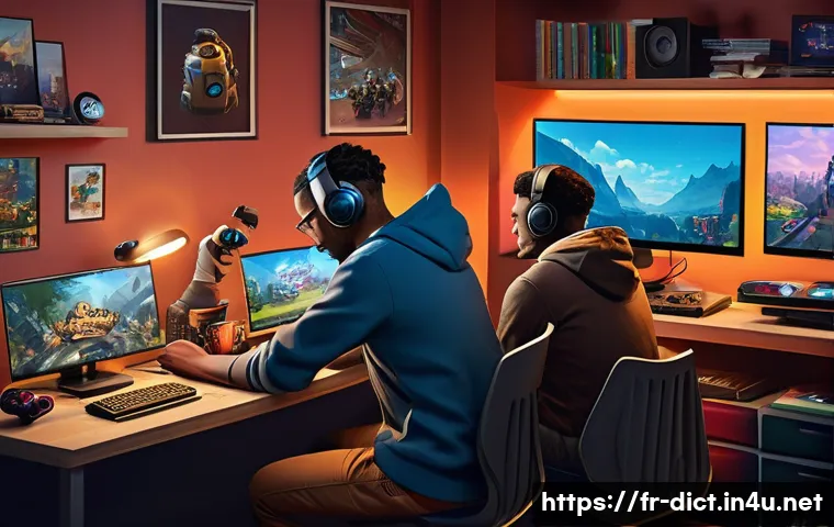 게임 용어집 - A vibrant digital art scene depicting a diverse group of gamers gathered around multiple screens in ...