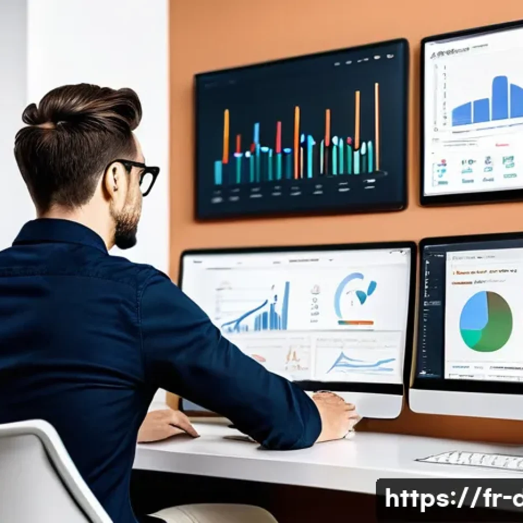 용어집 SEO 최적화 - A modern, sleek workspace showing a digital marketing professional analyzing SEO performance data on...