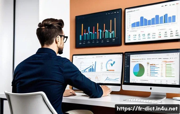 용어집 SEO 최적화 - A modern, sleek workspace showing a digital marketing professional analyzing SEO performance data on...