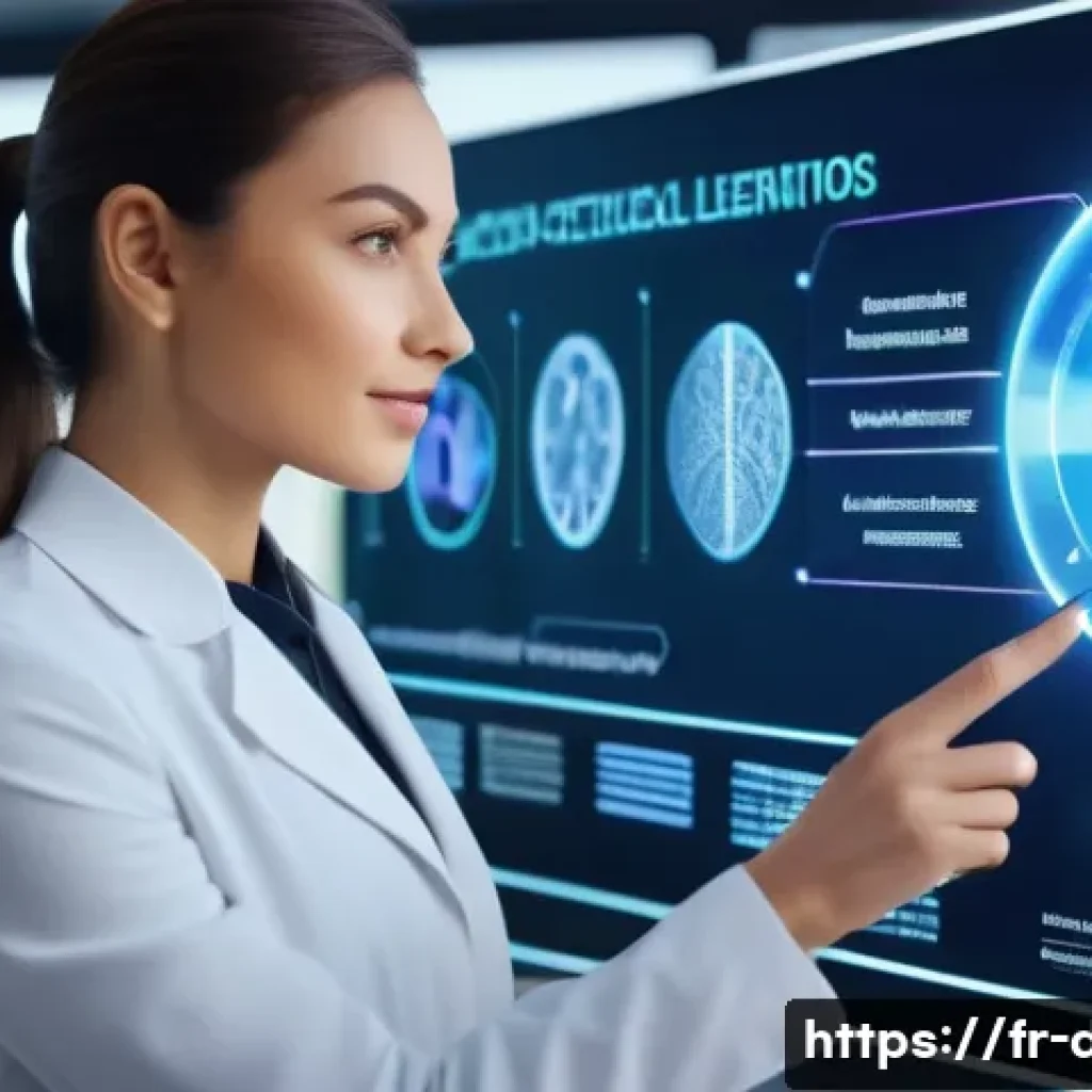 용어집 발전 방향 - A futuristic digital glossary interface displayed on a sleek transparent touchscreen panel, showing ...