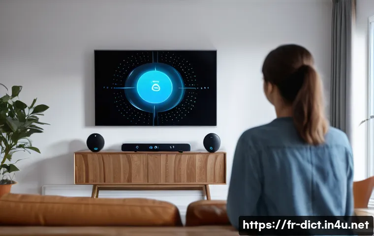 기술 발전과 용어집 - A modern French home interior featuring a smart living room setup with connected devices like smart ...