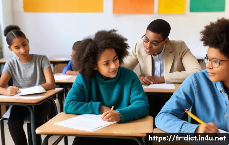 사회적 정의 용어집 - A diverse classroom scene in a modern French public school, showing students from various ethnic bac...