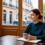 디지털 사전 프로그램 - A modern digital language learning app interface displayed on a sleek smartphone held by a young Fre...