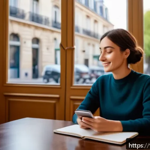디지털 사전 프로그램 - A modern digital language learning app interface displayed on a sleek smartphone held by a young Fre...