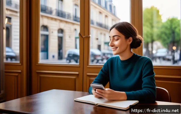 디지털 사전 프로그램 - A modern digital language learning app interface displayed on a sleek smartphone held by a young Fre...