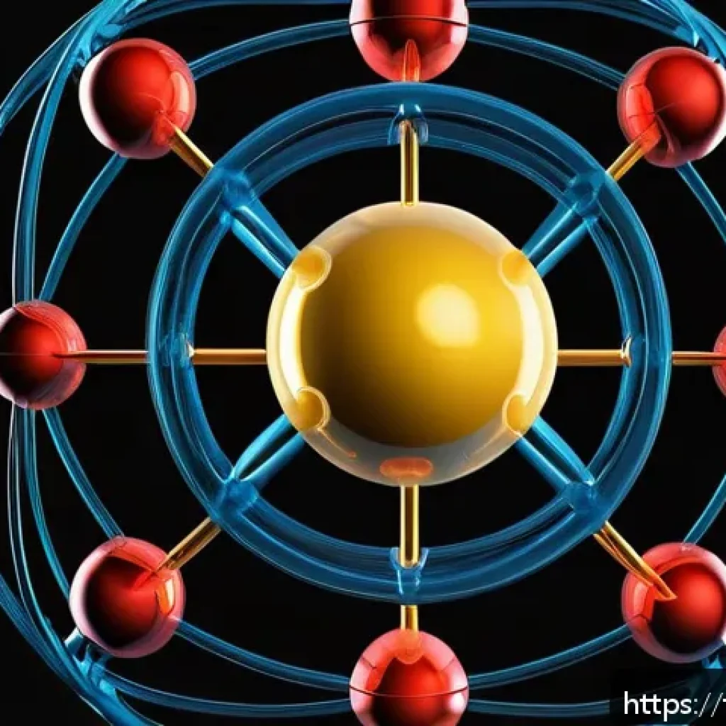 화학 용어집 - A highly detailed scientific illustration of an atom’s structure, showing a central nucleus composed...