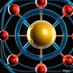 화학 용어집 - A highly detailed scientific illustration of an atom’s structure, showing a central nucleus composed...