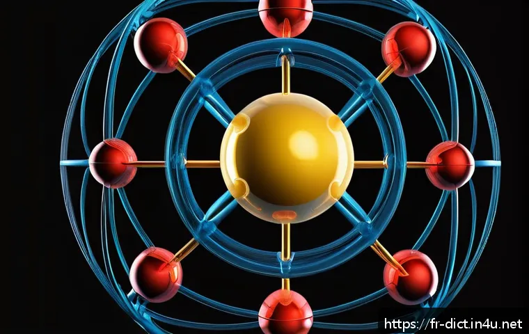 화학 용어집 - A highly detailed scientific illustration of an atom’s structure, showing a central nucleus composed...