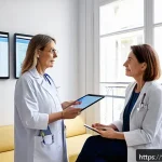 의학 용어집 - A modern French medical consultation room with a middle-aged French female doctor explaining common ...