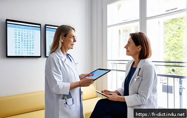의학 용어집 - A modern French medical consultation room with a middle-aged French female doctor explaining common ...