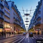 5G 용어집 - A detailed futuristic urban scene in Paris showcasing dense 5G small cell antennas discreetly mounte...