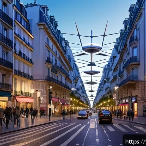 5G 용어집 - A detailed futuristic urban scene in Paris showcasing dense 5G small cell antennas discreetly mounte...