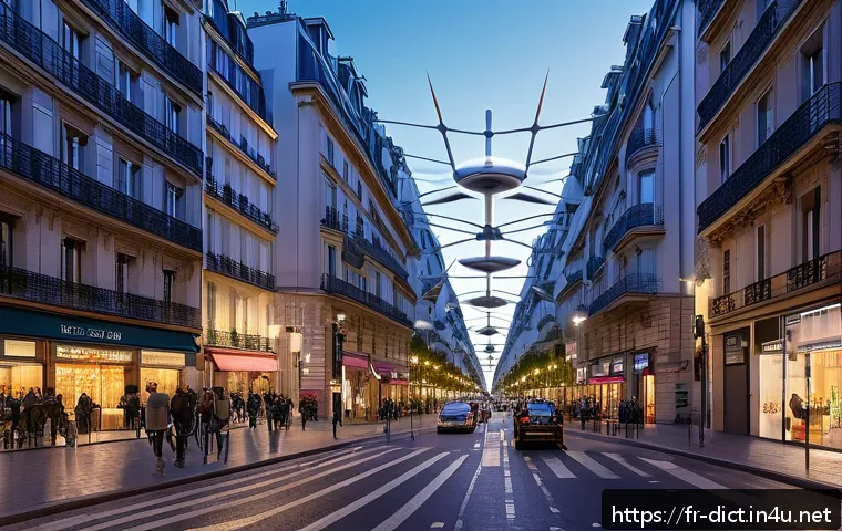 5G 용어집 - A detailed futuristic urban scene in Paris showcasing dense 5G small cell antennas discreetly mounte...