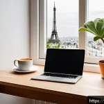 블로그 용어집 - A modern, cozy home office setup for a French blogger in 2024, featuring a sleek laptop displaying S...