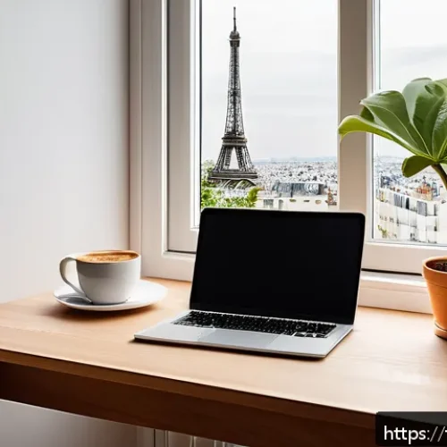 블로그 용어집 - A modern, cozy home office setup for a French blogger in 2024, featuring a sleek laptop displaying S...