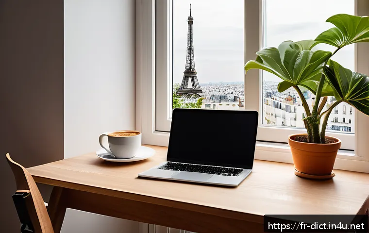 블로그 용어집 - A modern, cozy home office setup for a French blogger in 2024, featuring a sleek laptop displaying S...