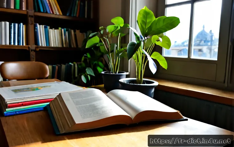 Home 17 과학 용어집 - Photorealistic French university science library, an open illustrated reference book with blank unla...