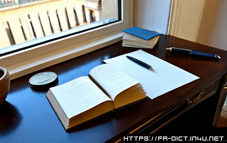 전문 사전 작성법 - Photorealistic editorial workspace for creating a professional French-language dictionary, an organi...